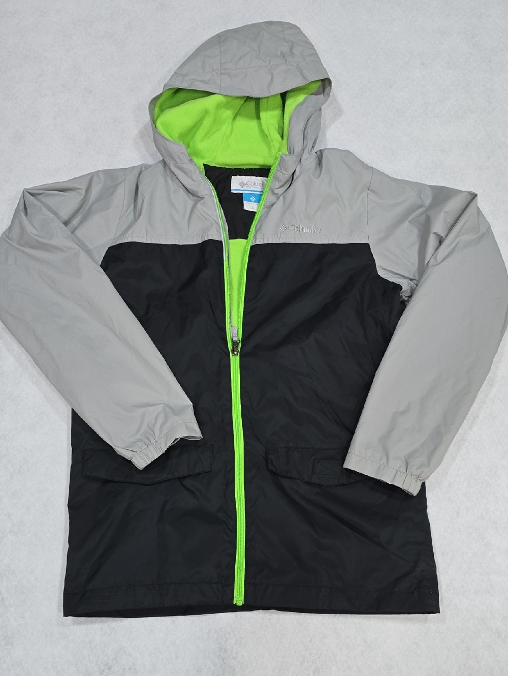 Columbia Boys Black & Light Gray Raincoat with Lime Green Lining